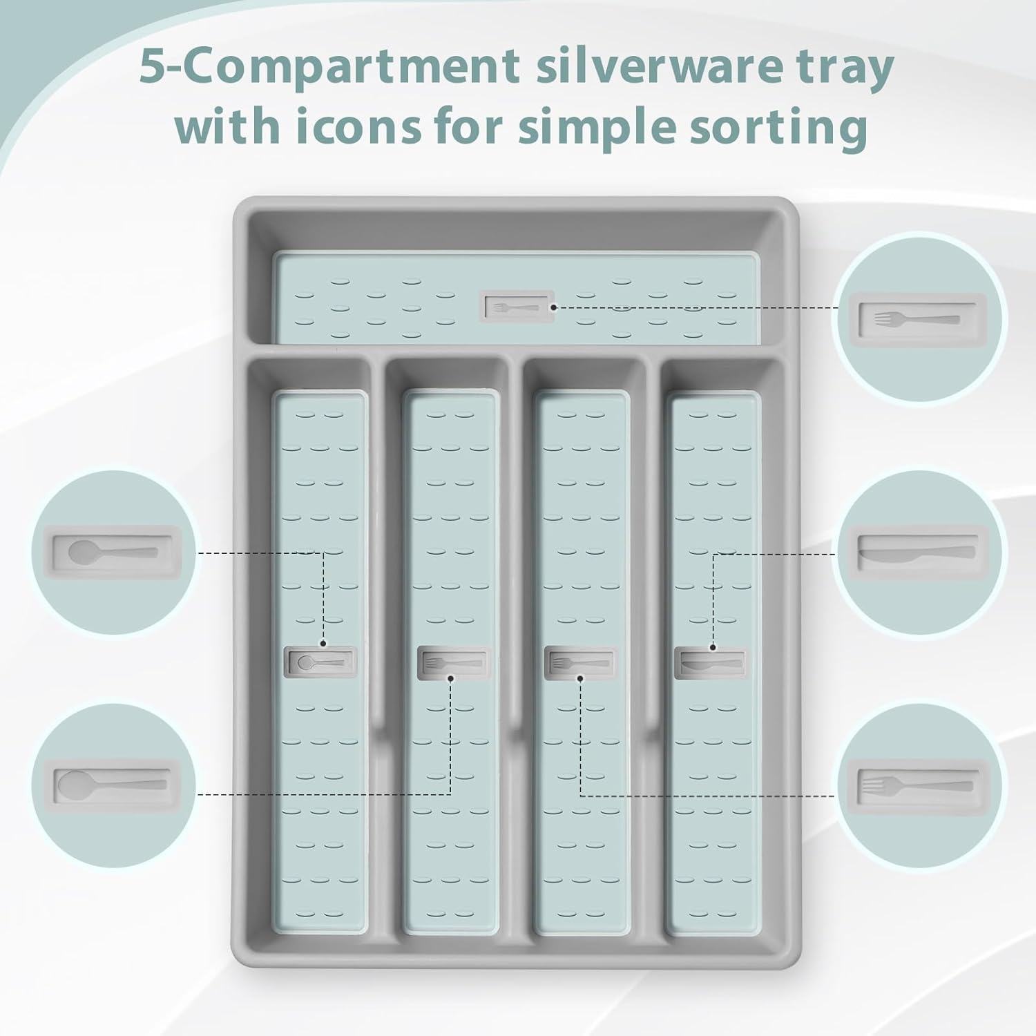 Silverware Organizer with Cutlery Icons，Silverware Tray for Kitchen Drawer，Flatware Tableware Cultery Drawer Organizer Utensil Organizer with Non-slip TPR Linings，Kitchen Organization Essentials
