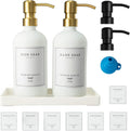 Glass Soap Dispenser for Kitchen Sink,Farmhouse Kitchen Dish Soap Dispenser&Hand Soap Dispenser Set,Rustproof Pump Soap Lotion Dispenser Bathroom with Tray,Waterproof Label for Decor(White