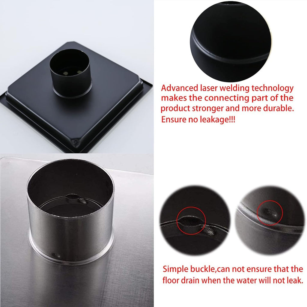 RANDOM Matte Black Square Shower Drain 6 Inch Drain Cover 304 Stainless Steel Floor Drain Grate with Removable Hair Strainer,6" Black Shower Drain