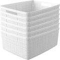 Curver Set of 6 Jute Medium Decorative Plastic Organization and Storage Baskets, Perfect Bins for Home Office, Closet Shelves, Kitchen Pantry and All Bedroom Essentials, White