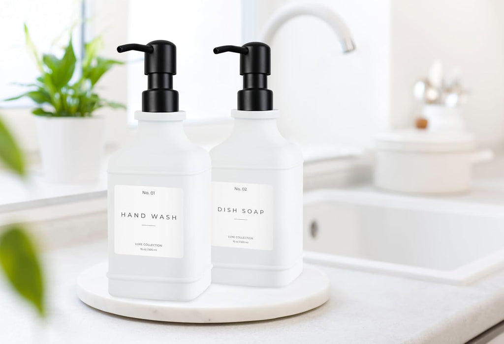 Emerson Essentials Glass Soap Dispenser Set – 16 oz 2-Pack – Refillable Dish & Hand Soap Dispensers for Kitchen or Bathroom – Stainless Steel Pump & Waterproof Labels Included