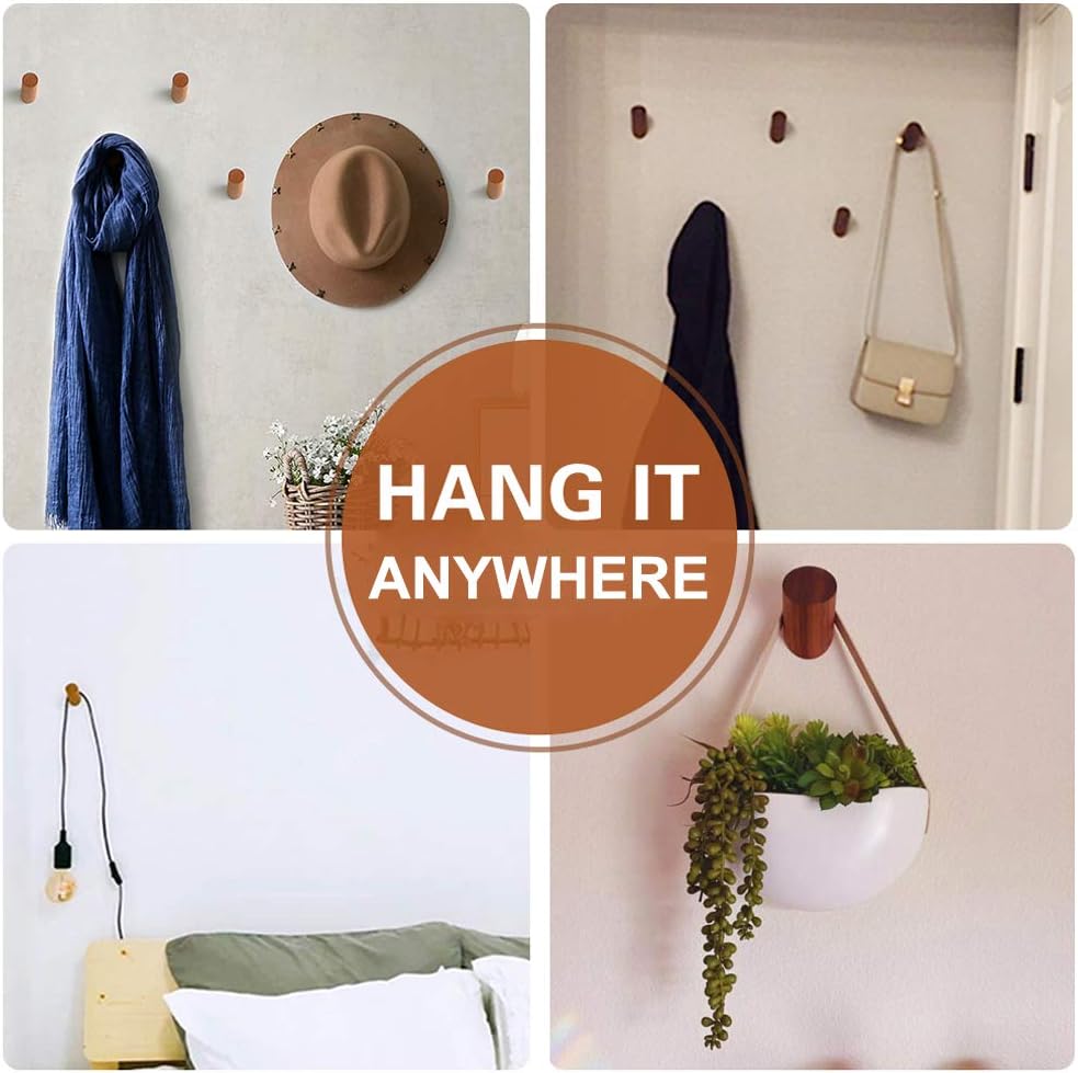 Wood Wall Hooks, 4 Pack Coat Hooks Wall Mounted, Rustic Wooden Heavy Duty Robe Hook Hat Rack, Hooks for Hanging Bathroom Towels Clothes Hanger (Walnut Wood)