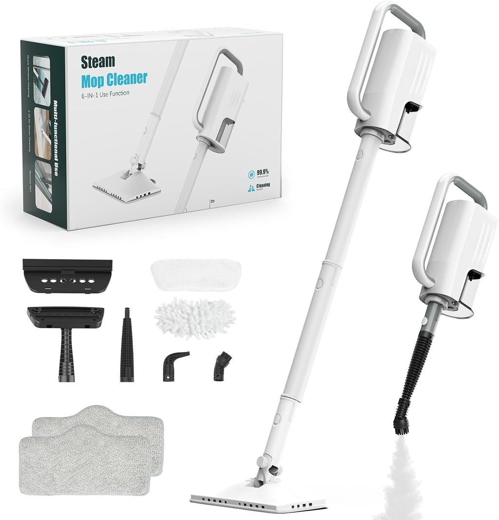 Steam Cleaner, 6 in1 Rotated Steam Mop Cleaner with 2 Modes, 2 Microfiber Pads, 400ML Removable Tank, 23FT Power Cable, Detachable Steam Mops for Floor, Laminate Floor, Tiles Cleaning (Sky White)