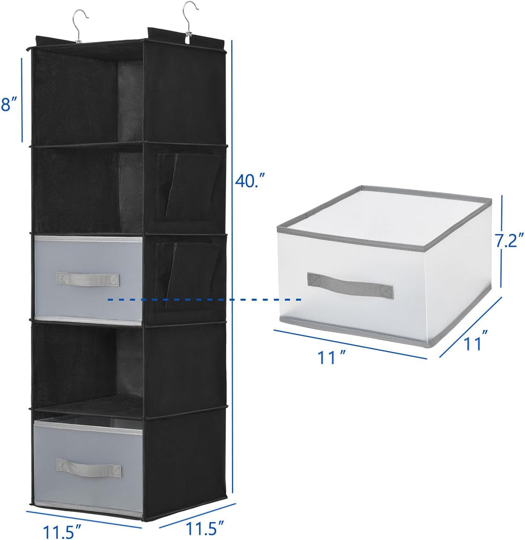 5-Layer Suspended Fabric Shelf Organizer, Equipped with 2 Sturdy Hooks, 2 Separate Drawers, and Foldable Hanging Storage (Black)