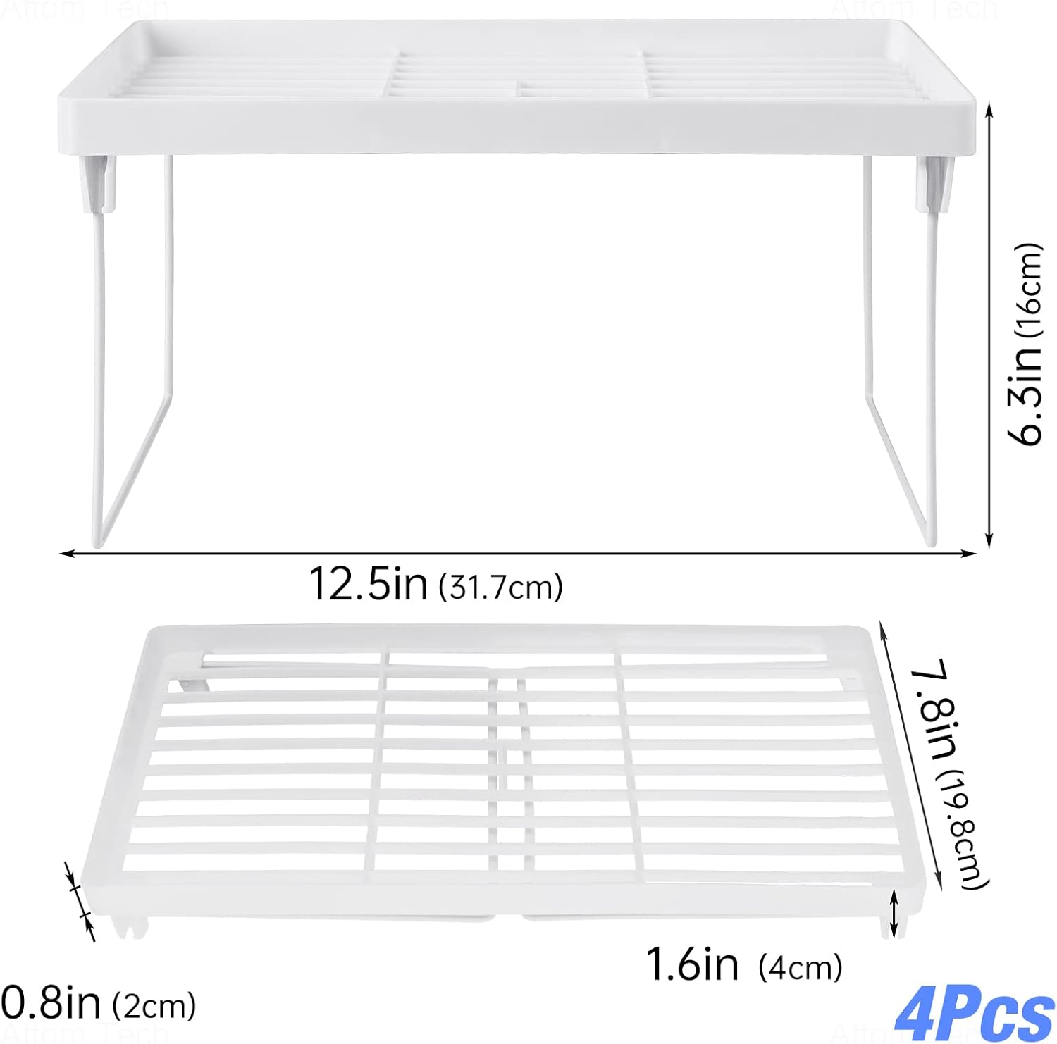 NiHome 4-Pack Stackable Plastic Kitchen Storage Shelf Foldable Rack - White Kitchen Cabinet Organizer and Storage Shelves Stackable Expandable Storage Racks for Counter Cabinet Pantry
