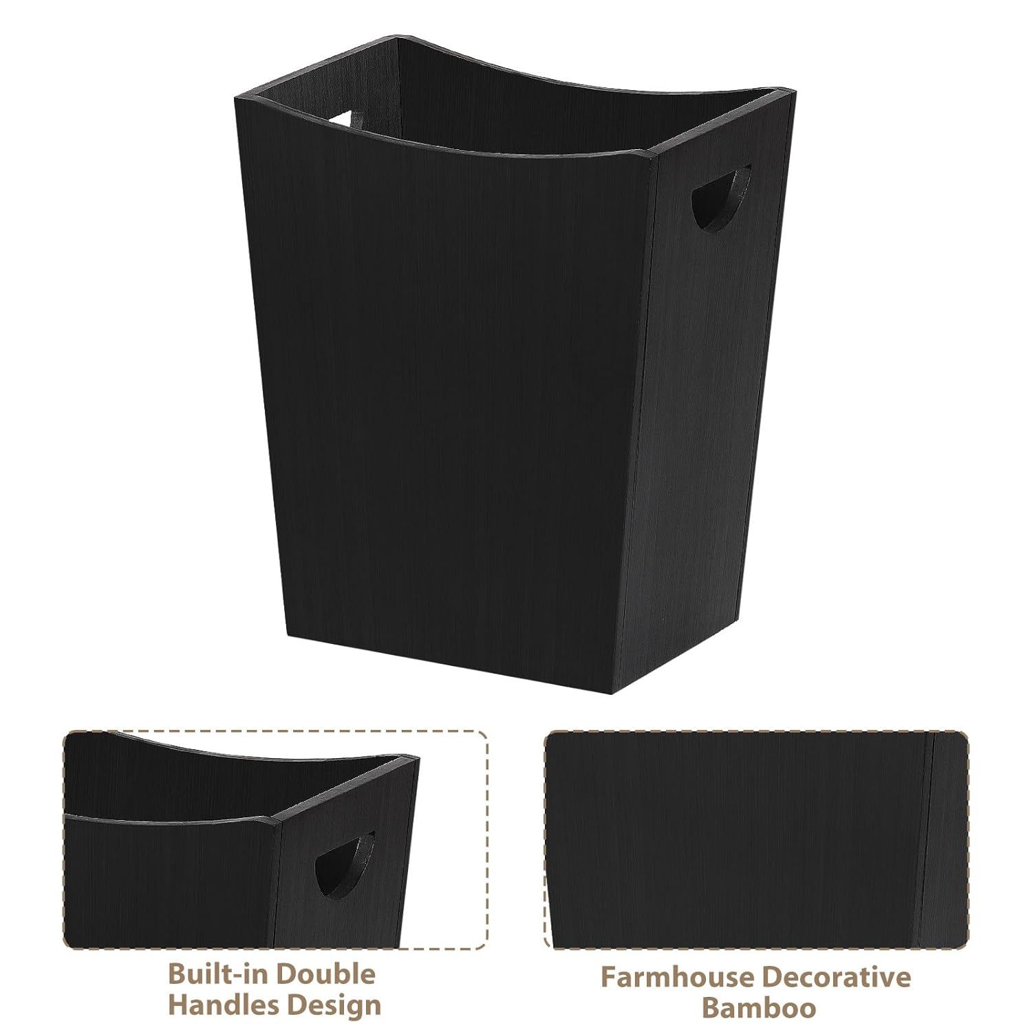 SEHERTIWY Wood Trash Can, Farmhouse Wastebasket Bin for Bathroom, Office, Bedroom, Living Room, Small Square Rustic Garbage Container (Wood-Black)