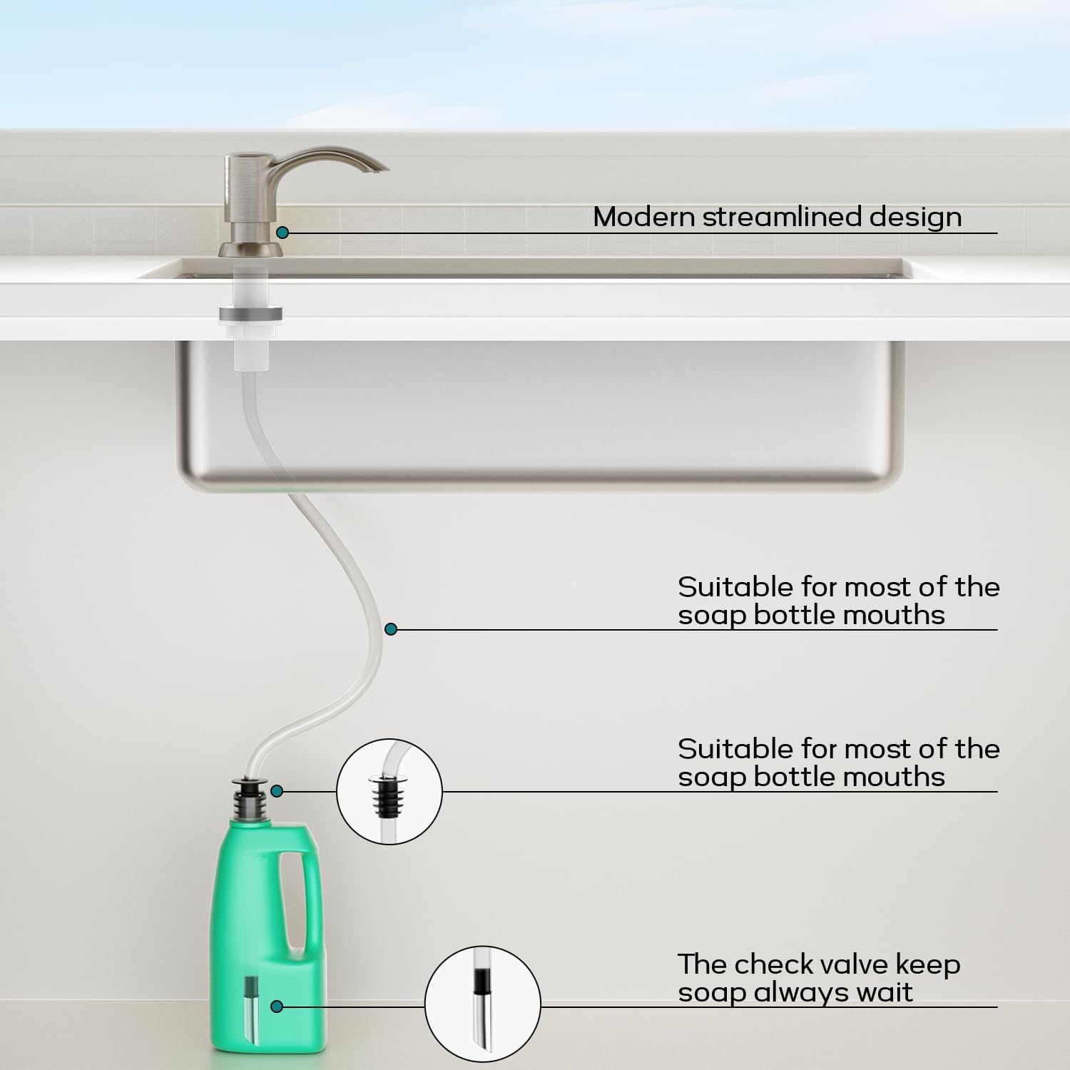 SAMODRA Built-in Kitchen Sink Soap Dispenser with Extension Tube Kit - Brushed Nickel Finish, Leak-Proof Design, No Top Refill Required (39" Tube)