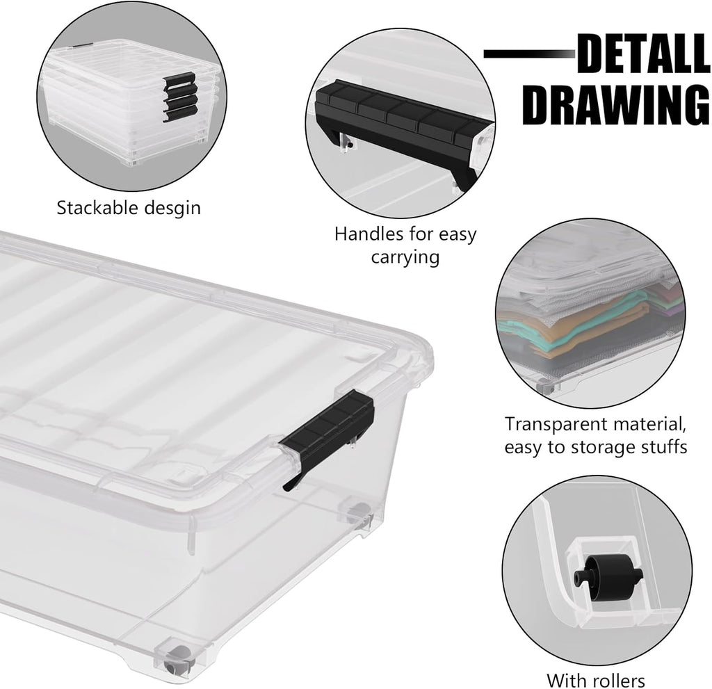 25 Quart Under Bed Clear Latch Bin with Wheel, Plastic Under Bed Storage Box, 4 Pack