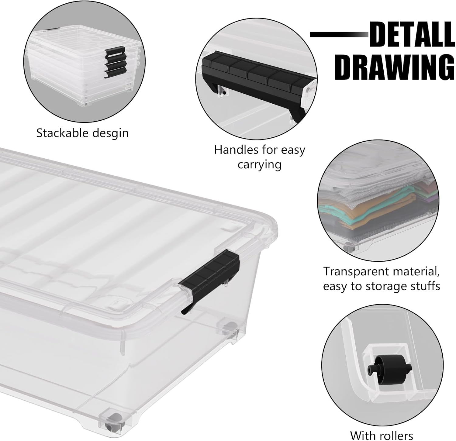 25 Quart Under Bed Clear Latch Bin with Wheel, Plastic Under Bed Storage Box, 4 Pack