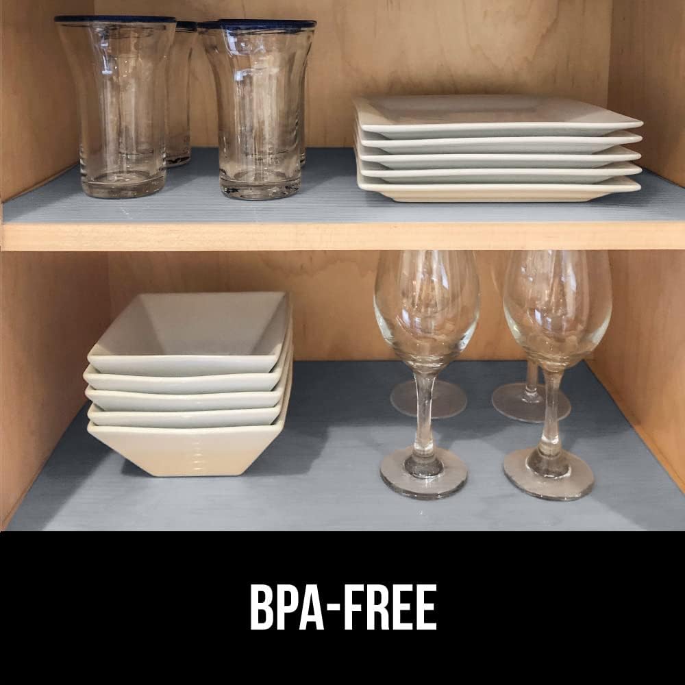 GORILLA GRIP DuraGuard Shelf Liner, Non-Adhesive Cabinet Liners for Kitchen Drawers, Shelves, Refrigerator, Pantry Storage, Bathroom Closet, Durable Waterproof BPA Free Ribbed Plastic, 17.5x10 Gray