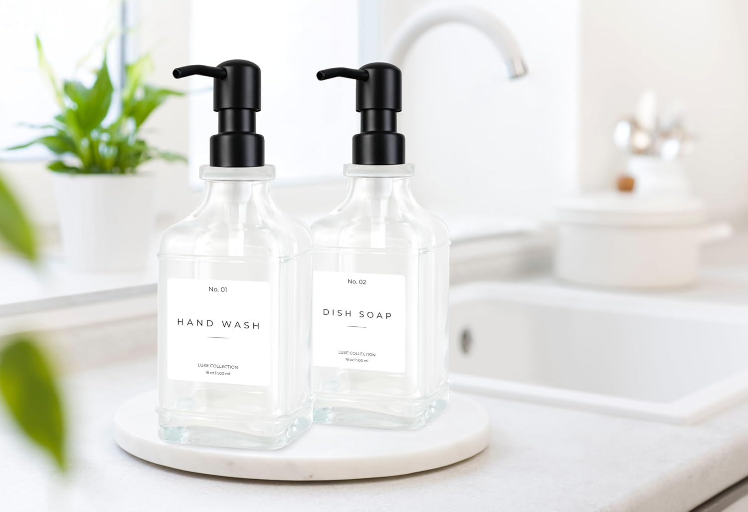 Emerson Essentials Glass Soap Dispenser Set – 16 oz 2-Pack – Refillable Dish & Hand Soap Dispensers for Kitchen or Bathroom – Stainless Steel Pump & 5 Waterproof Labels