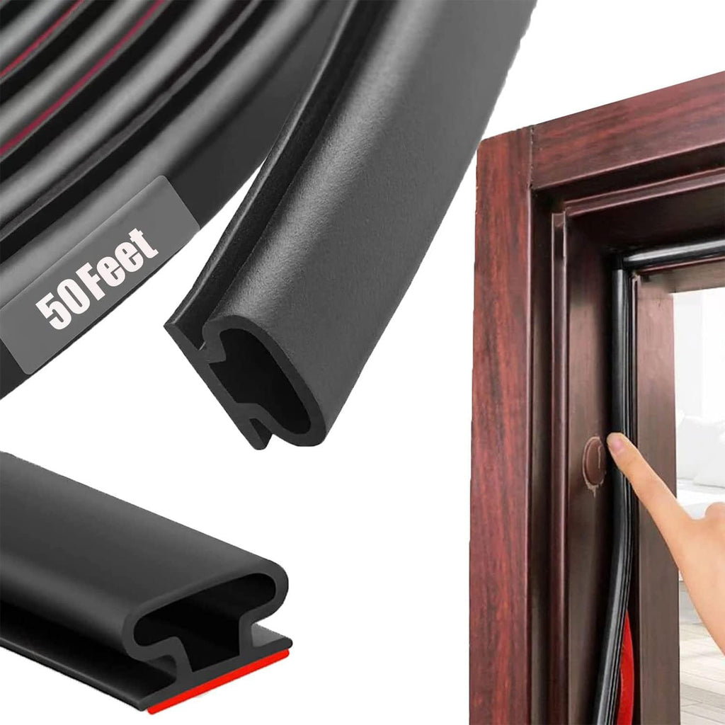 Black Rubber Weather Stripping Door Seal Strip, D Shape Door Rubber Weather Seal Strip, SelfAdhesive Door Weatherstripping Soundproofing Door Sealing Strip for Windows (50 feet, Black)