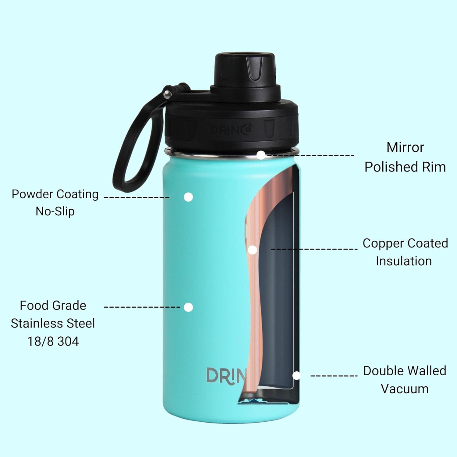 DRINCO Stainless Steel Water Bottle Spout Lid Vacuum Insulated Double Wall Water Bottle Wide Mouth (40oz 32oz 22oz 18oz 14oz) Leak Proof Keeps Cold or Hot (14 oz, 14oz Teal)