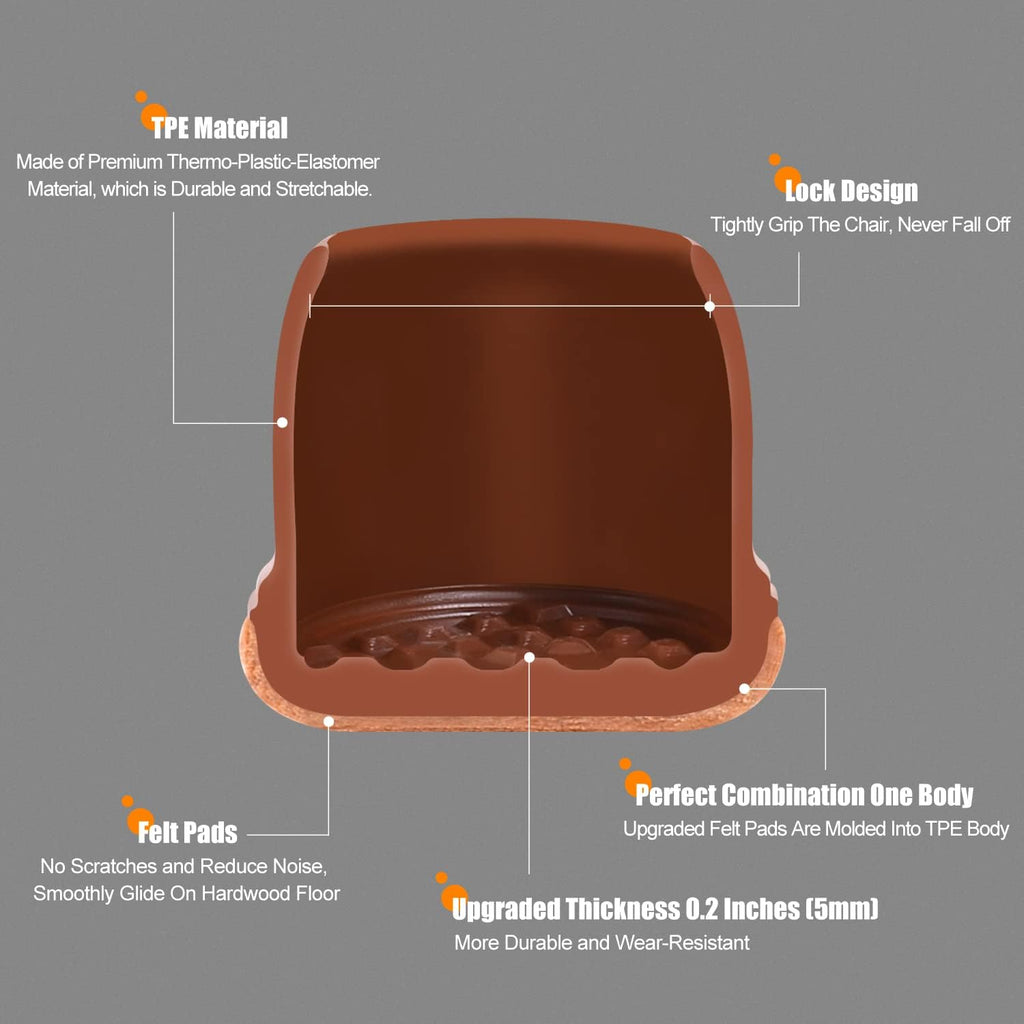 Ezprotekt 24 Pcs Square Chair Leg Floor Protectors with Felt, Silicone Felt Furniture Pads Cups for Hardwood Floor, Dining Table Leg Caps Covers No Scratches (L Fit: 1" to 1.4", Brown)