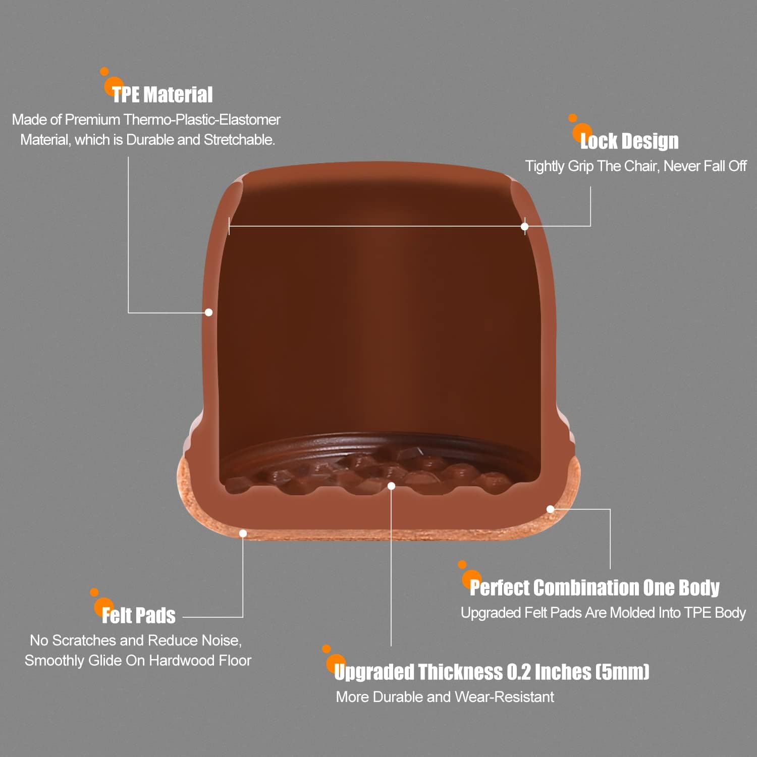 Ezprotekt 24 Pcs Square Chair Leg Floor Protectors with Felt, Silicone Felt Furniture Pads Cups for Hardwood Floor, Dining Table Leg Caps Covers No Scratches (L Fit: 1" to 1.4", Brown)