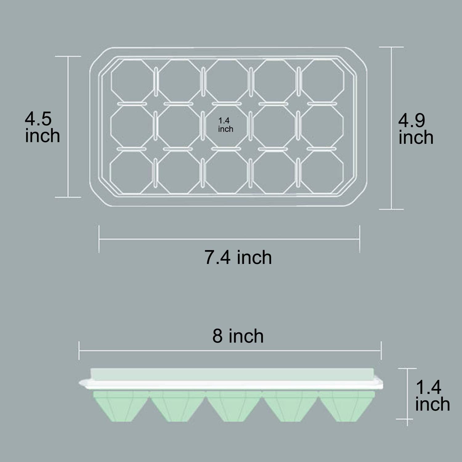 Ice Cube Trays with Silicone Lid, 15 Grid Diamond Shaped Ice Tray Easy Release Stackable Ice Cube Mold, 2 Pack (Grey Blue+Green)