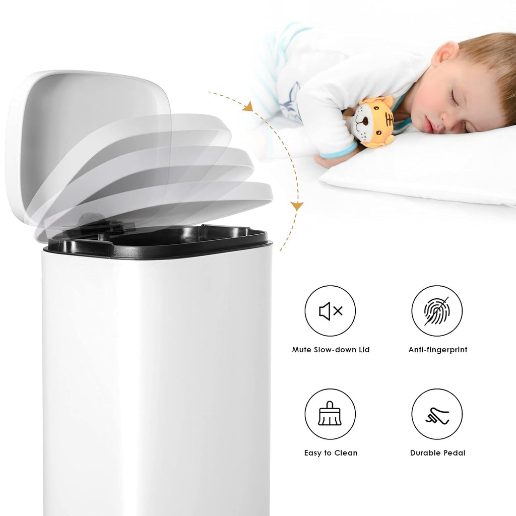 AthLike Trash Can, Stainless Steel Kitchen Garbage Can, Step Waste Bin with Hinged Lid and Removable Inner Bucket, Soft-Close, Dustbin for Bathroom Bedroom Living Room Home (White, 13.2 Gal)