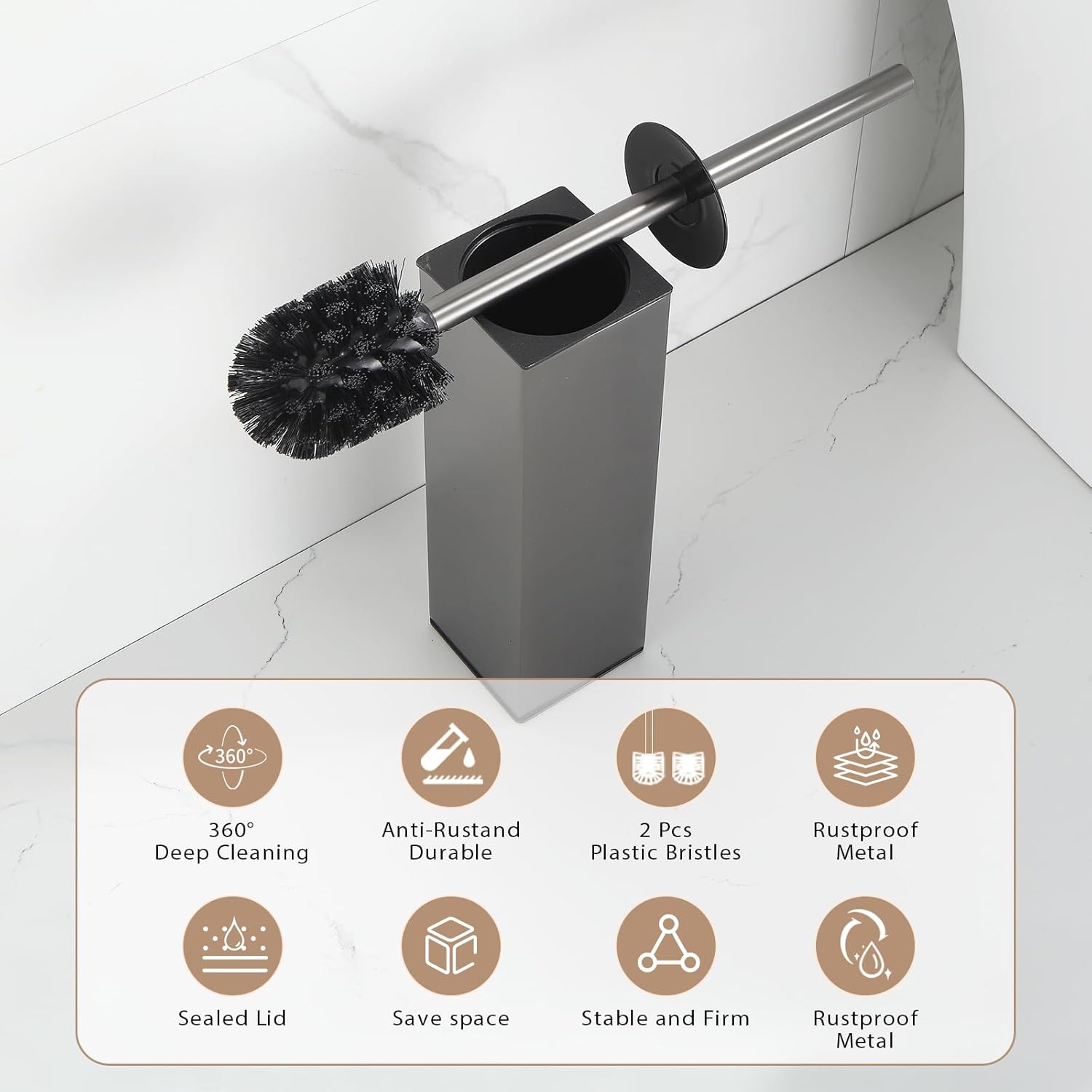 BGL Standing Toilet Brush and Holder GunGrey Aluminium Toilet Bowl Cleaner Brush and Holder for Bathroom Storage and Organization, Square Design Sturdy and Space Saving
