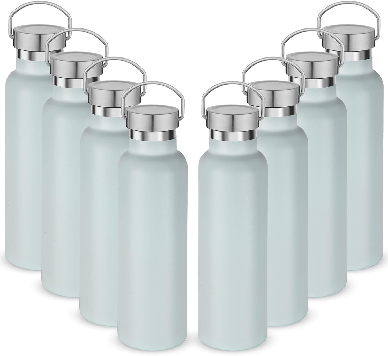 Neihepal 20 oz Insulated Water Bottles Bulk 8 Pack,Stainless Steel Double Wall Sport Bottle with Lid of Handle,Metal Reusable Flask with Cup Cap for School,Hikers,Gift (Fog,Set of 8)