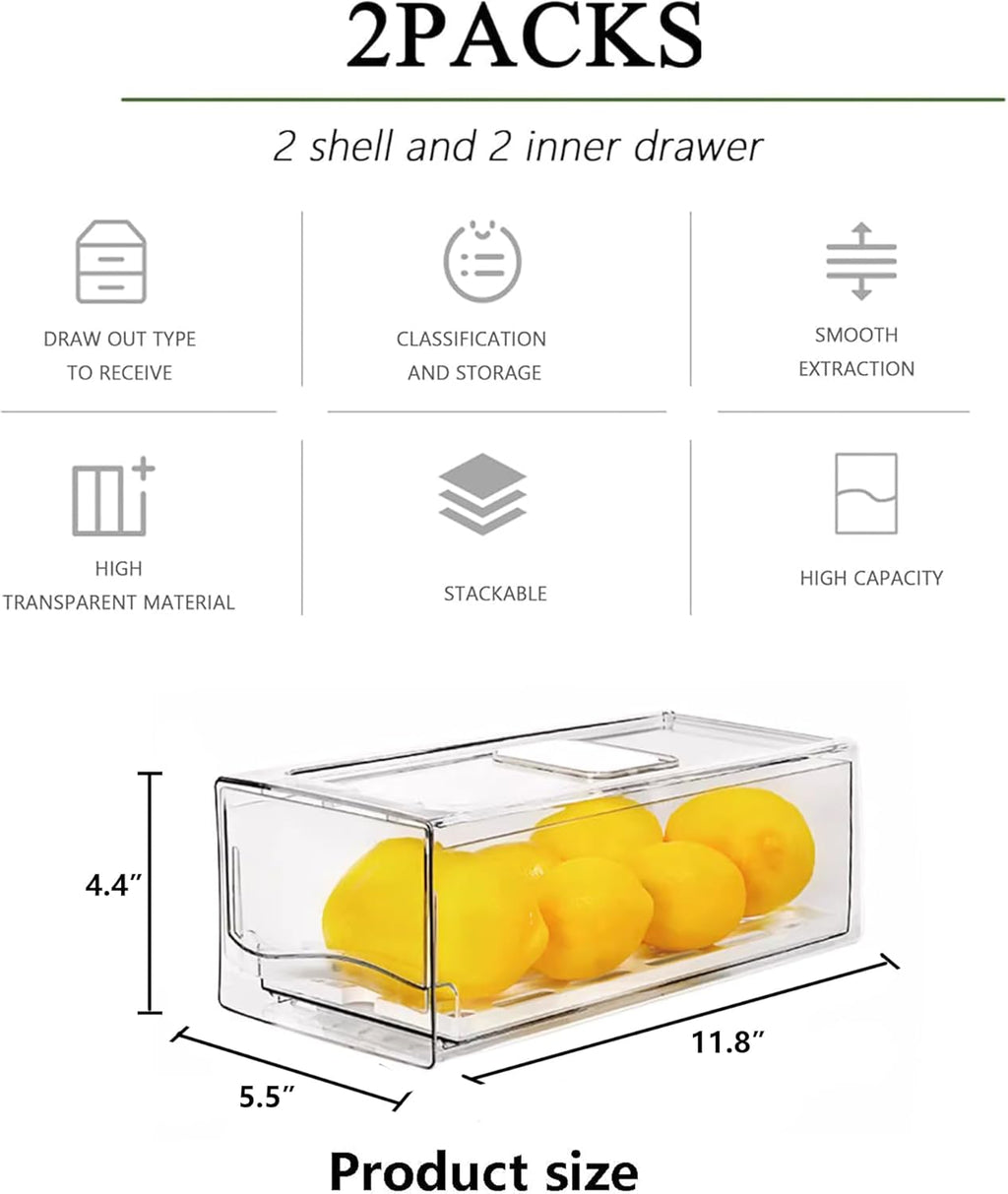 2 Pack Fruit Storage Containers for Fridge with Drain Board, Stackable Refrigerator Organizers and Storage,Reusable Food Storage Containers,Fridge Organizer Drawer for Produce,Fruit,Vegetable,BPA-Free