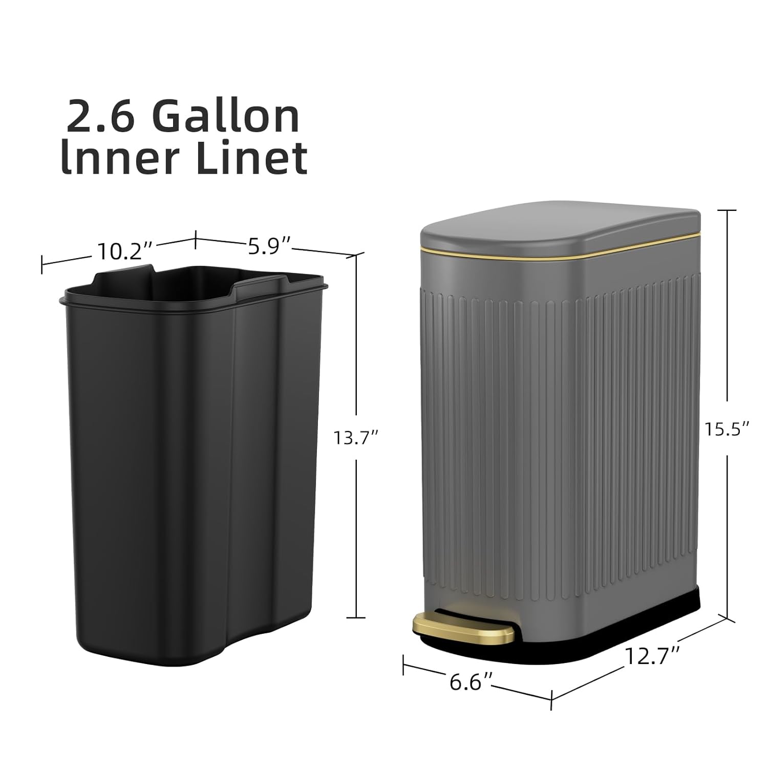 KUK Slim Bathroom Trash Can with Lid, 2.6 Gallon (10 L) Stainless Steel Step Small Garbage Can with Removable Inner Bucket, Soft Close, Anti-Fingerprint Finish (Gray)