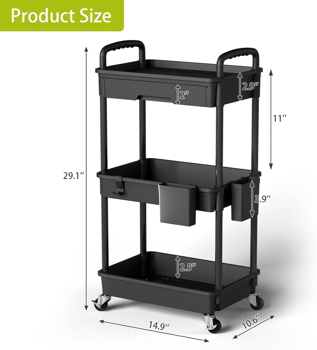 3 Tier Rolling Cart Organizer,Laundry Room Bathroom Organizers and Storage Office Shelves Mobile Shelving Unit Kitchen Trolley Cart with Wheels for Art,Craft,Diaper,Bedside,Snack(Black)