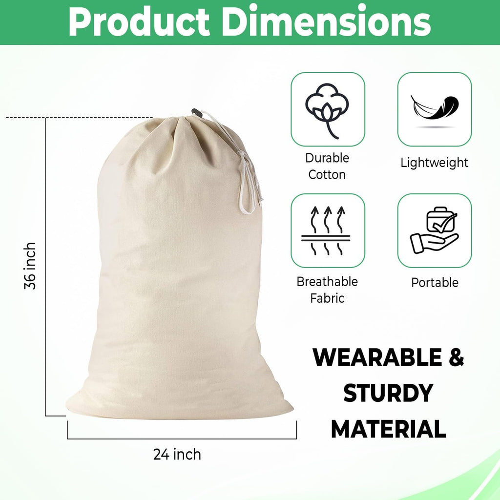 Large Cotton Laundry Bags 24x36 Inch with Drawstring, Heavy Duty Travel Organizer for Hamper, Basket, Camp – Beige (2 Pack)
