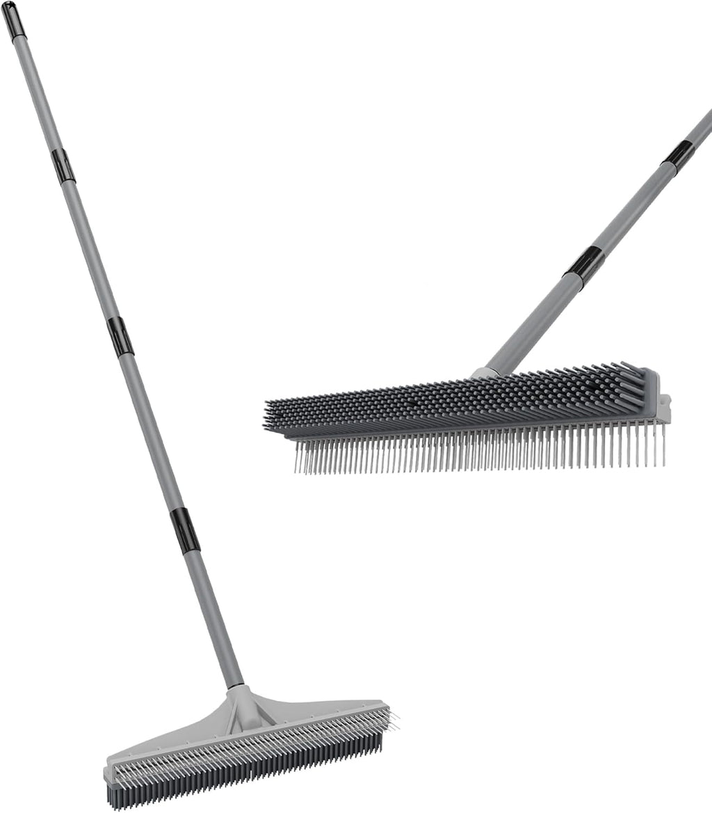 Walensee Carpet Rake for Pet Hair Removal, 61" Carpet Hair Cleaning Tool with Adjustable Long Handle, 2-in-1 Rubber Broom and Nylon Carpet Brush for Fur Rug, Stairs and Mats - Washable, Durable