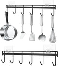 Myfolrena Adhesive Kitchen Hooks Utensil Hanger Holder Hanging Rack 2 Pack, Hanging Rack Wall Mounted Kitchen Rail for Spoons Pot Coffee Mug Cups Tags(Black)