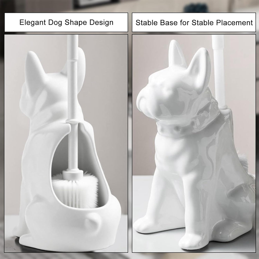 Comeon Ceramic Dog White/Black Toilet Brush and Holder Set, Plastic Handled Scrub Brush for Bathroom Cleaning,13.7"*6.3" (White)
