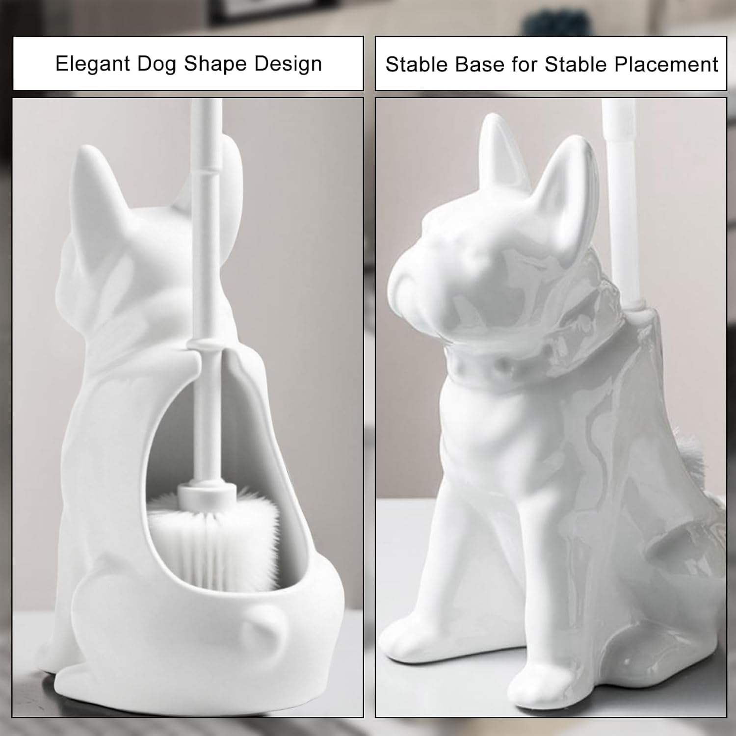 Comeon Ceramic Dog White/Black Toilet Brush and Holder Set, Plastic Handled Scrub Brush for Bathroom Cleaning,13.7"*6.3" (White)