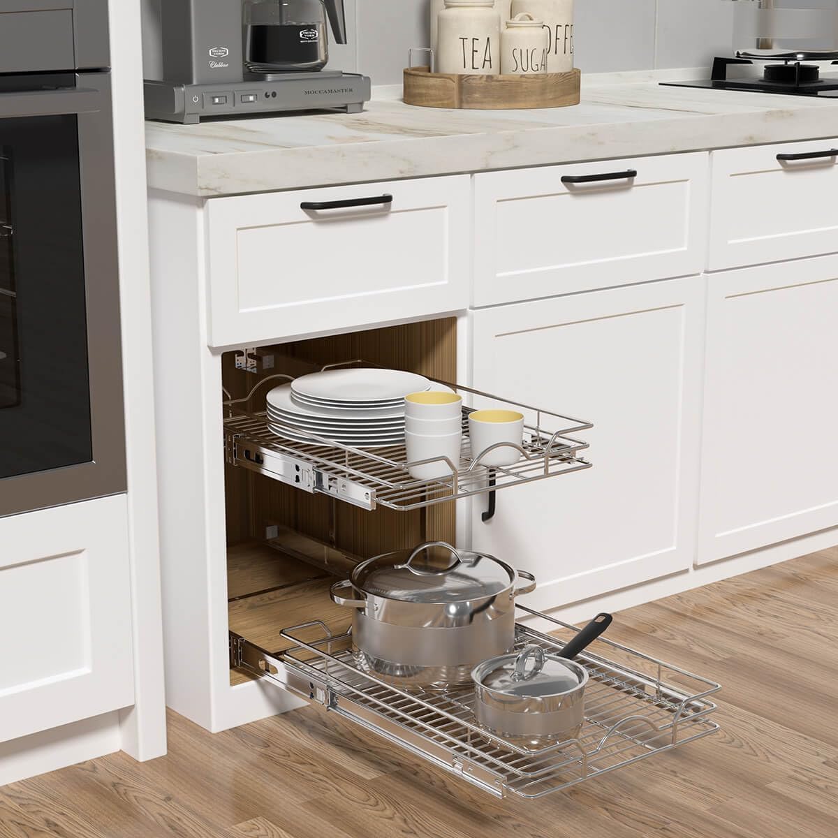 OCG 2 Tier Pull Out Cabinet Organizer (21.5" W x 18" D), Pull Out Shelves for Kitchen Cabinets, Slide Out Pantry Shelves for Base Cabinet Organization in Kitchen Bathroom Pantry, Chrome Finish