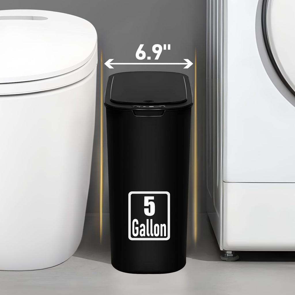 5 Gallon Motion Senor Bathroom Trash Can with Lid, Automatic Garbage Can Touchless, Smart Plastic Waste Basket for Narrow Spaces, Bathroom, Office, Bedroom, Living Room (Black)