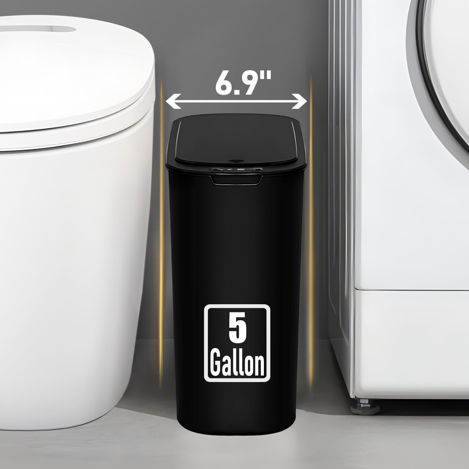 5 Gallon Motion Senor Bathroom Trash Can with Lid, Automatic Garbage Can Touchless, Smart Plastic Waste Basket for Narrow Spaces, Bathroom, Office, Bedroom, Living Room (Black)