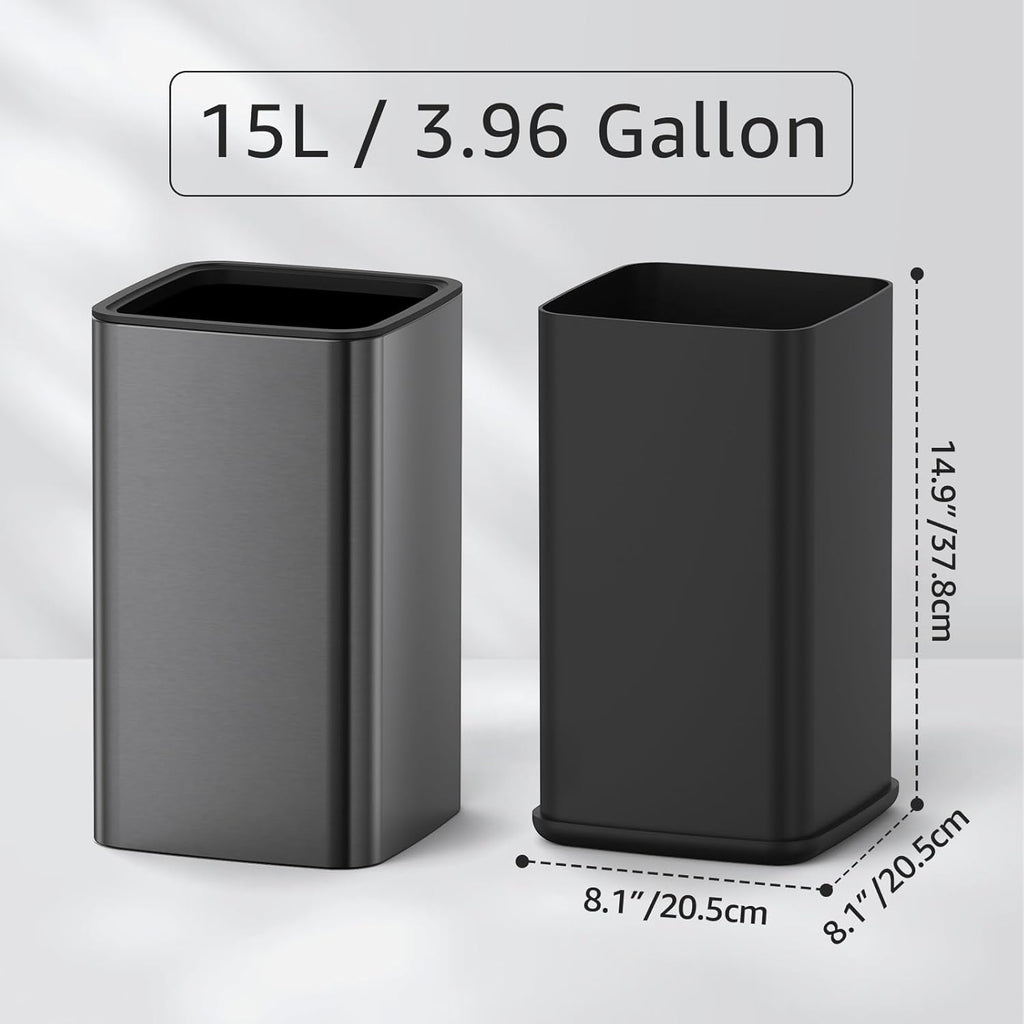 Mbillion 4Gal/15L Open top Trash Can with Removable Inner Bucket Small Waste Basket Stainless Steel Metal Trash Can for Bathroom Office,Brushed Black