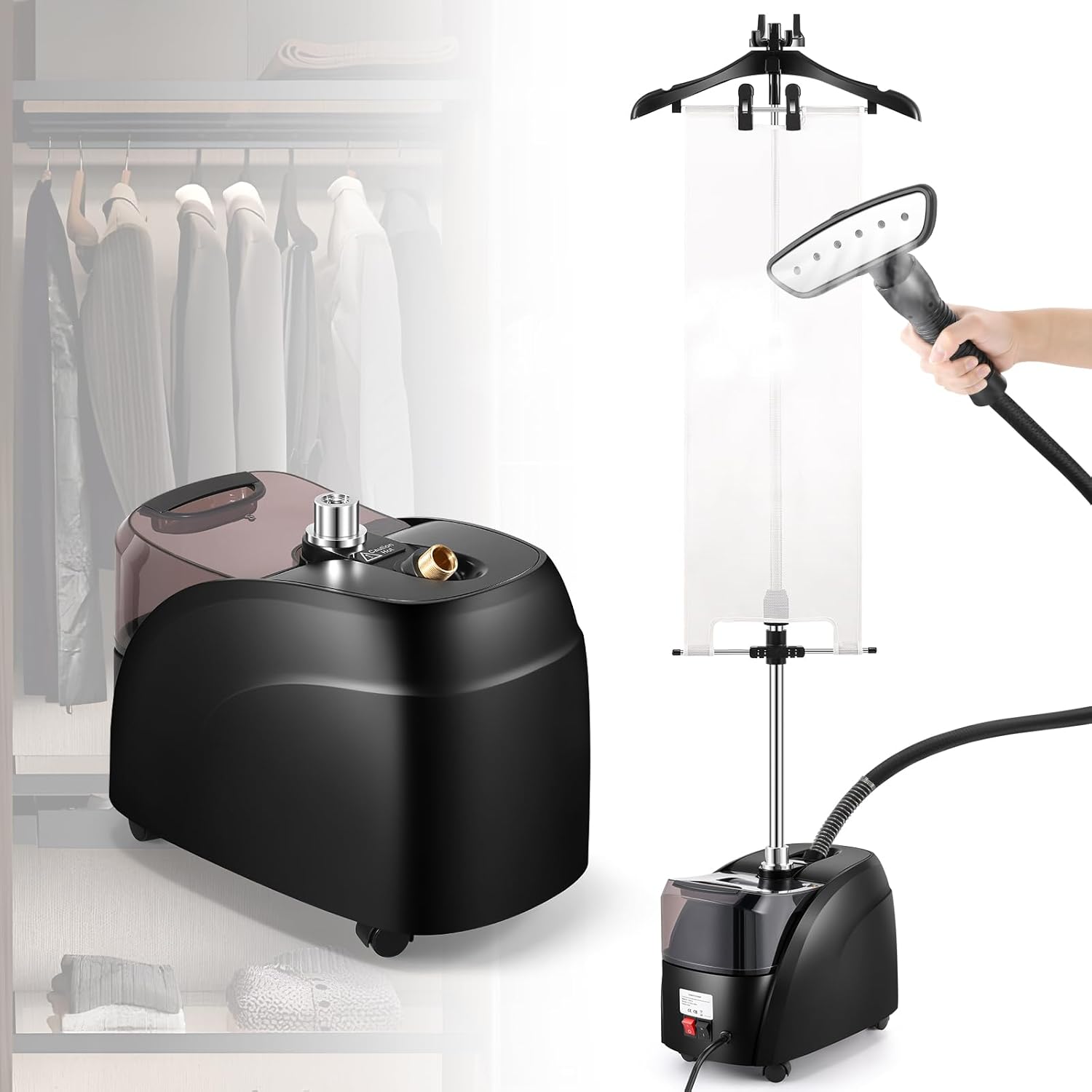 CGOLDENWALL Commercial Standing Garment Steamer for Clothes 1500w Continuous 70 mins Powerful Steam, 30s Fast Heat-up, Includes Fabric brush, Ironing pad, Gloves,Trouser Clips