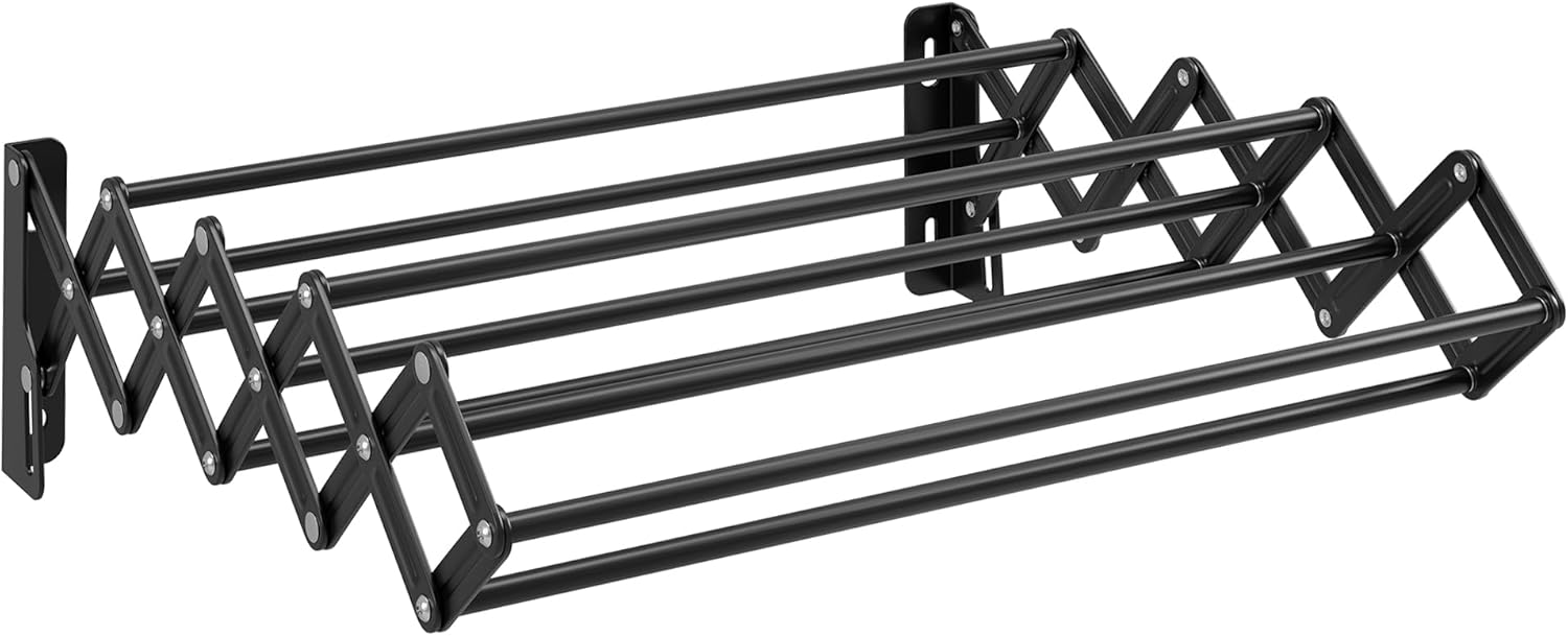 SONGMICS Clothes Drying Rack, Wall-Mounted Drying Rack Clothing, Small Accordion Laundry Rack, 9 Staggered Hanging Rods, Expandable and Retractable, Ink Black ULLR802B01