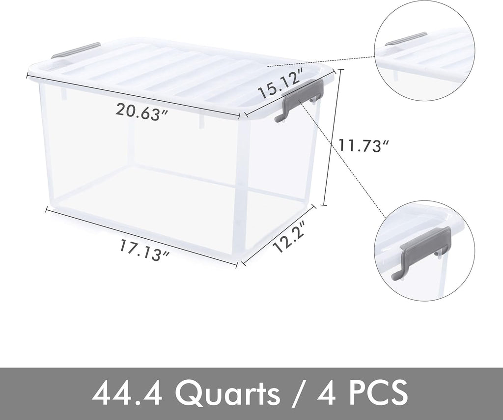 Citylife 44.4 QT Plastic Storage Bins with Latching Lids Stackable Storage Containers for Organizing Large Clear Storage Box for Garage, Closet, Kitchen, 4 Packs