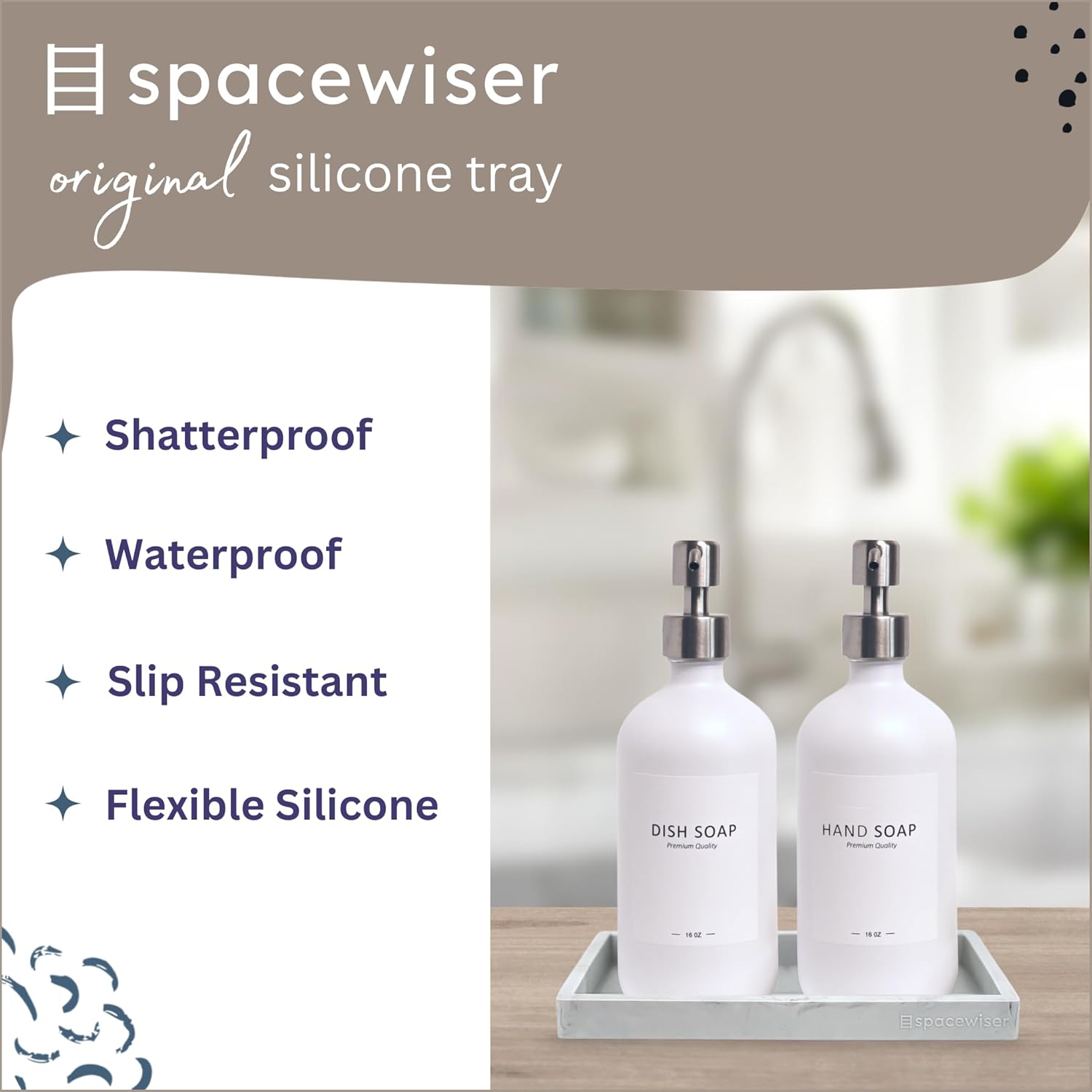 Countertop and Vanity Tray - Small 7.7” Silicone Tray for Soap Dispenser Bottles, Sponge Holder for Kitchen Sink Caddy Organizer, Bathroom Trays, Dish Soap Holder for Kitchen Counter, Keys