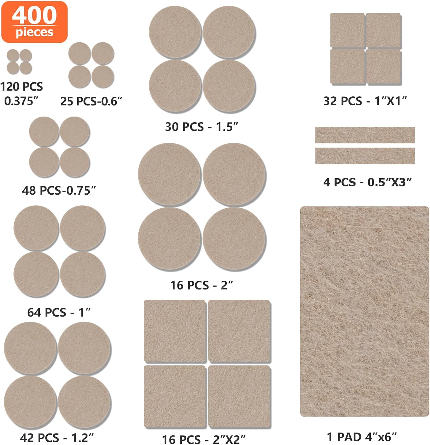 Felt Furniture Pads 400 Pieces, Furniture Pads for Hardwood Floors, Floor Protectors for Furniture Legs, Felt Pads for Furniture, Many Large Sizes Beige