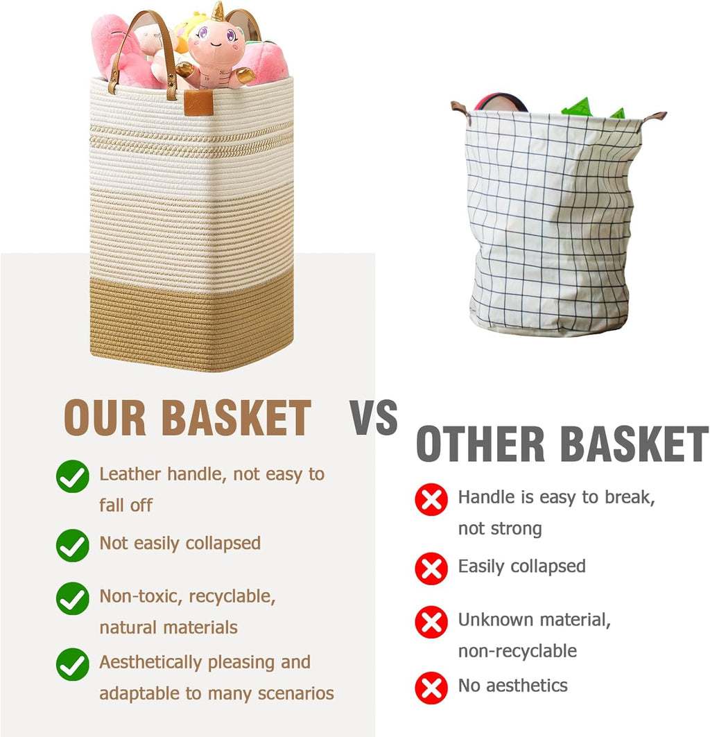 danpinera Large Laundry Hamper – 75L Tall Woven Cotton Storage Basket with Leather Handles, Slim Dirty Clothes Hamper, Decorative Storage Basket for Blanket,Toys White & Jute