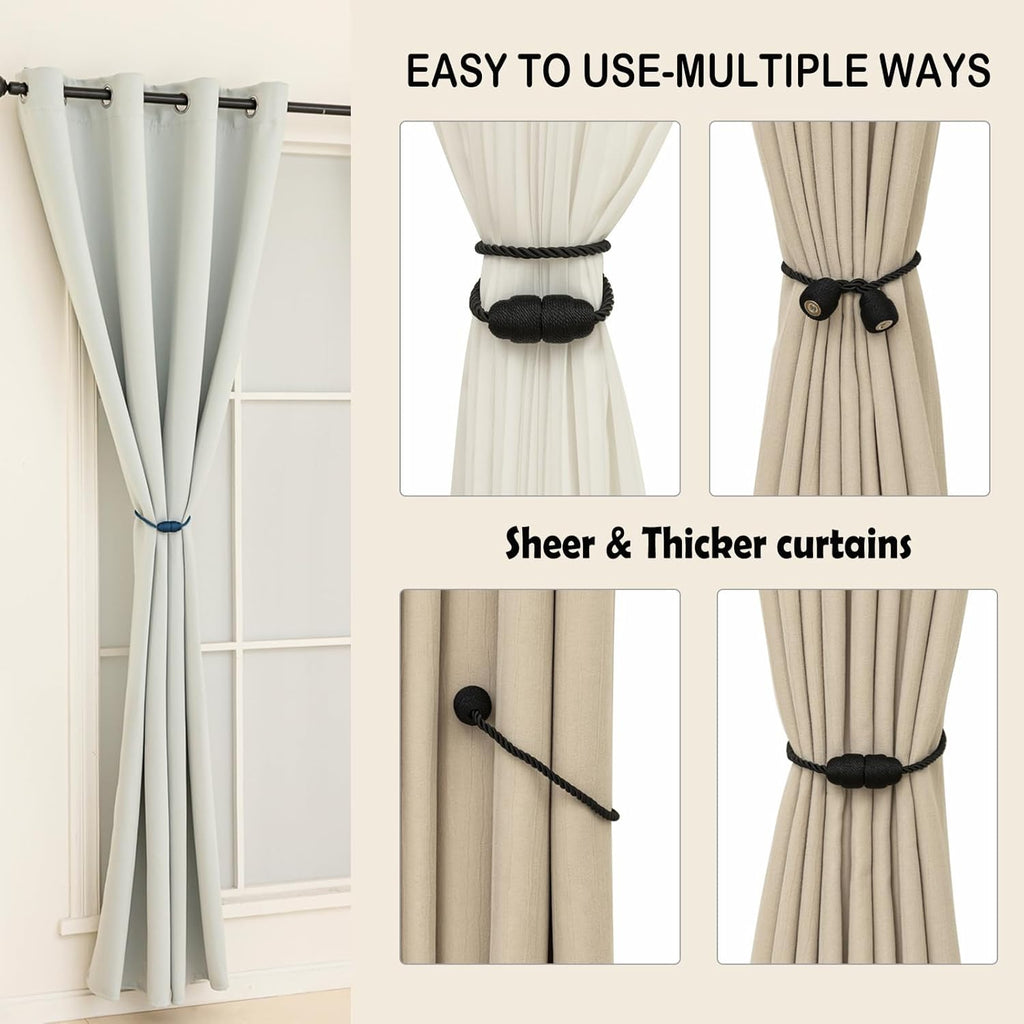 Magnetic Curtain Tiebacks Rope Curtain Tie Backs for Curtains 8 Pack Curtain Holders for Drapes Decorative Window Curtain Holdbacks, Black