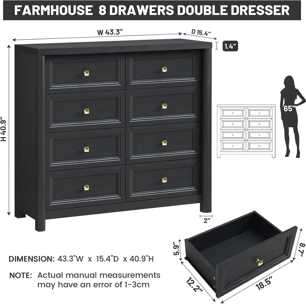 Farmhouse Dresser for Bedroom, 41" Tall Black Dresser with 8 Drawers, Soide Rustic Wood Vintage Dressers Chest of Drawers for Bedroom, Living Room, Hallway