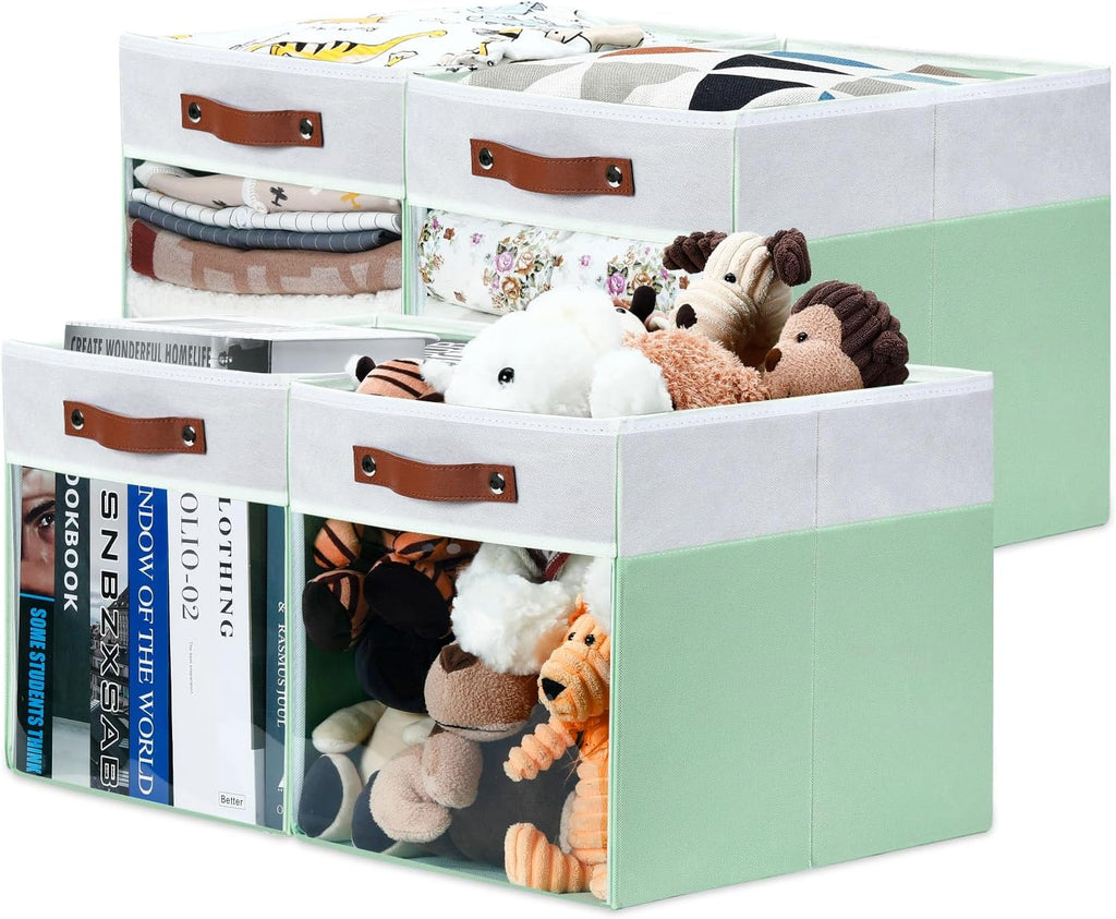 HNZIGE 13x15x13 Cube Storage Bins, 4 Pack Fabric Clear Organizer With Window, Large Collapsible Shelf Bins for Closet, Toy, Clothes - White Green