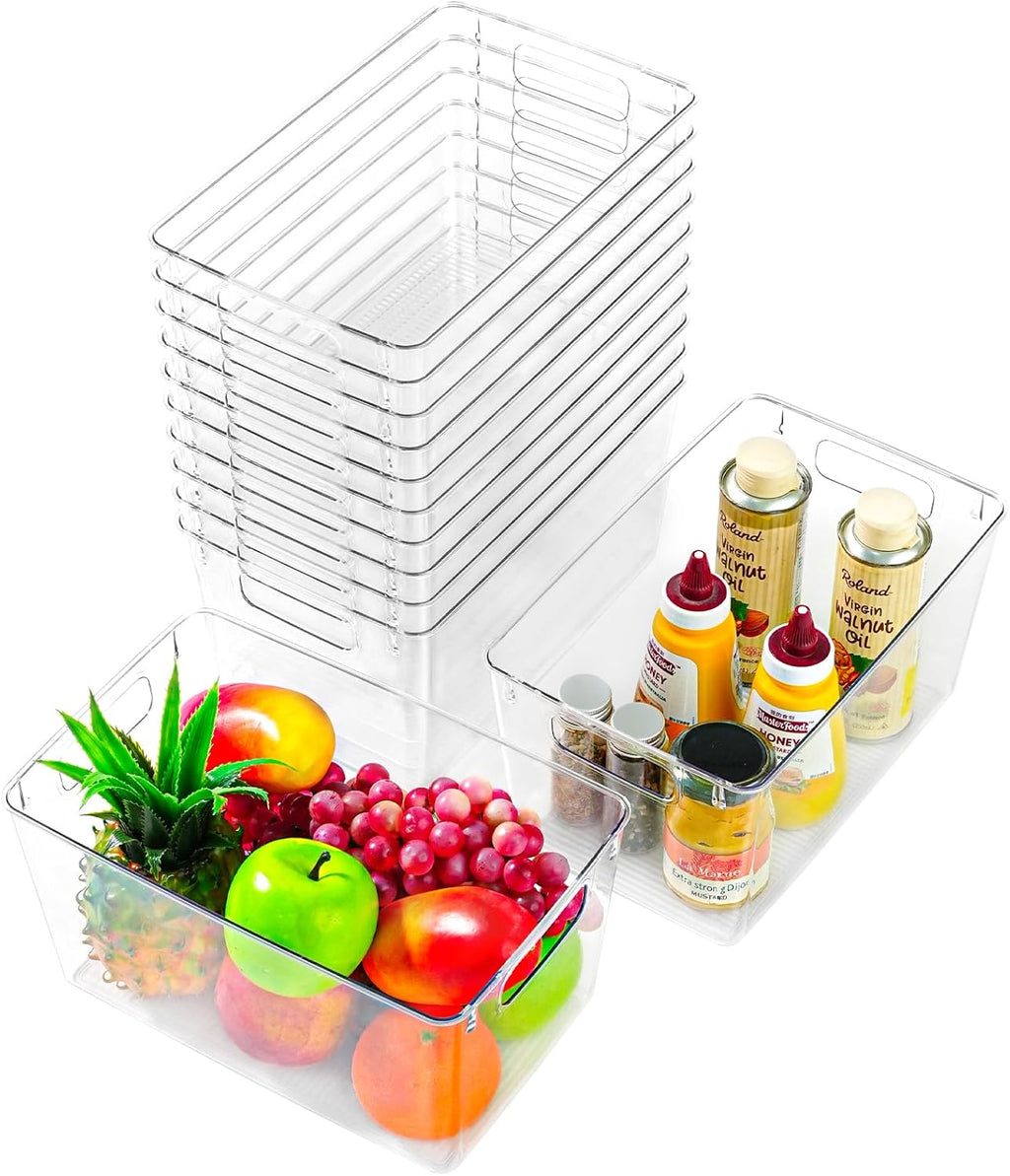 12 Pack Large Clear Plastic Storage Bins,Plastic Containers with Handle for Pantry Organizer and Storage,Perfect for Kitchen,Fridge,Cabinet, Closet,Bathroom Under Sink Storage