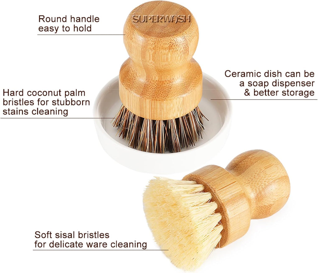 Bamboo Dish Brush with Ceramic Dish, Natural Bristle Palm Brush Pot Scrubber for Cast Iron Pans Vegetables and Kitchen Sink Cleaning - 2 Pack