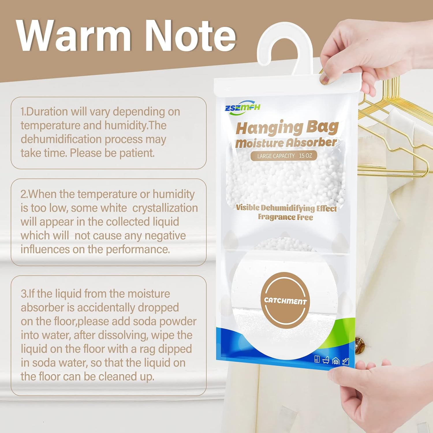 ZSZMFH 10 Pack Moisture Absorber Hanging Bags, Fragrance Free Humidity Packs, 15 OZ Dehumidifier Bags Effectively Trap Extra Moisture,Hanging Closet Dehumidifier Bags-425g/pack