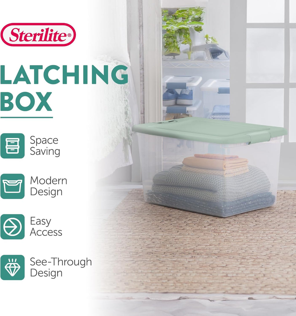 Sterilite 6 Pack Latching Box, Clear Plastic Stackable Storage Bin with Lid, 64 Quart, Mindful Mint