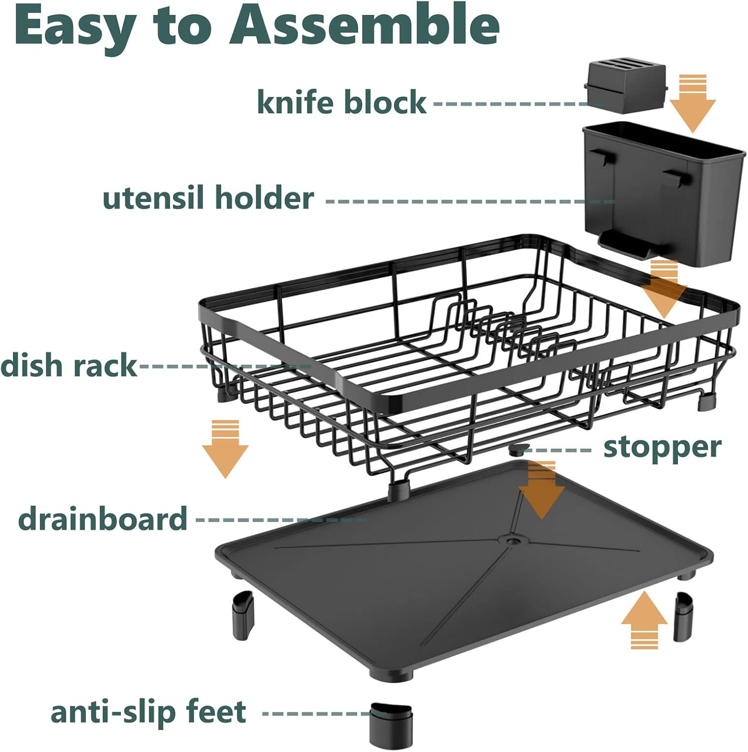 Iron Dish Drying Rack with Drainboard Dish Drainers for Kitchen Counter Extendable Spout Strainers with Utensil Holder and Knife Slots, Grey