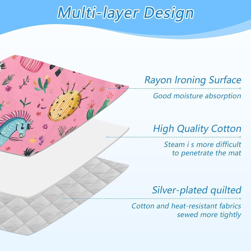Ironing Mat Portable Ironing Pad Ironing Blanket for Table Top Heat Resistance Double-Side Using Travel Large 47.2 x 27.6 Inch Foldable Lightweight Pink Fiesta Horses Cacti Skulls